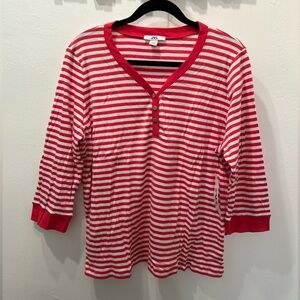 NWT Anne Klein Womens 3XL Pink Stripe Henley T-Shirt 3/4 Sleeve Button Pullover